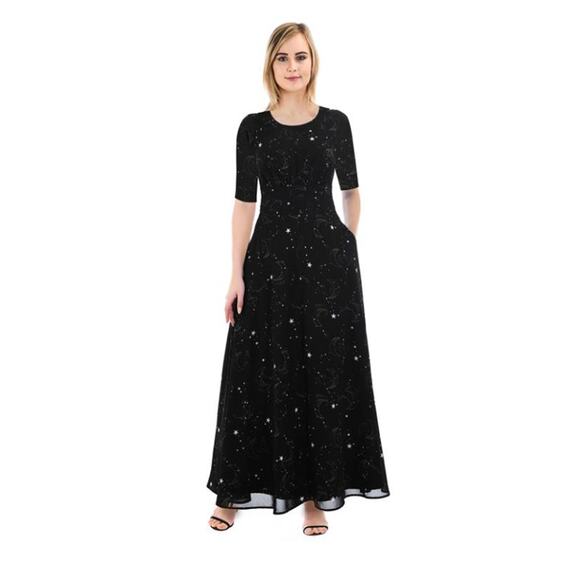 eShakti Black Dress Maxi Black Celestial Stars Half Sleeves Empire Waist Large - Picture 15 of 15